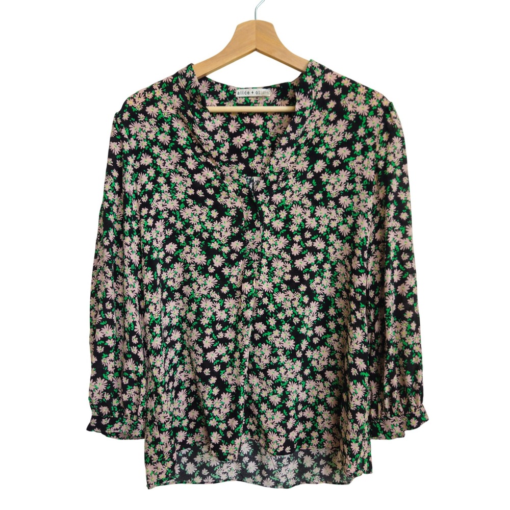 Alice + Olivia Top L Black 100% Silk Daisy Ditsy Floral Cottagecore Office Siren
